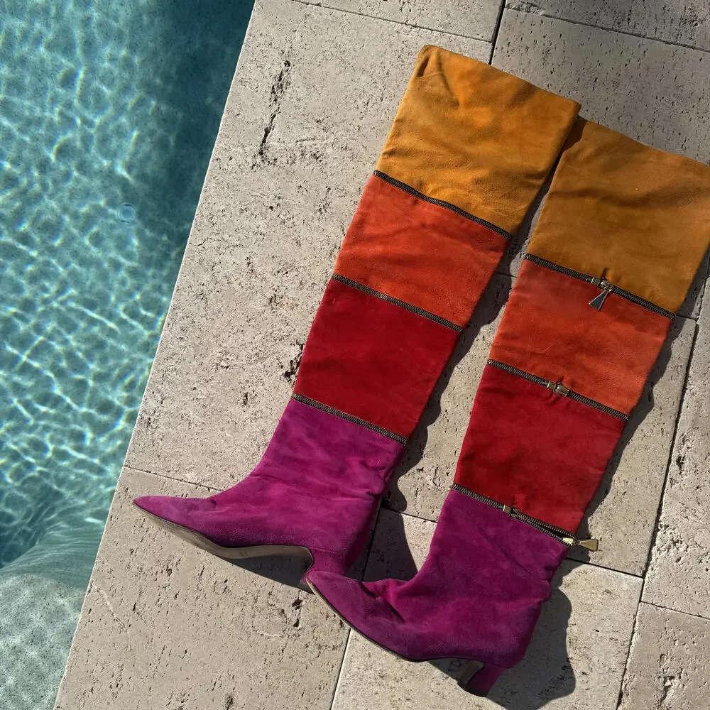 RARE Vintage Anne Klein Couture Women's Colorblock Knee-High Boots 80's 90's